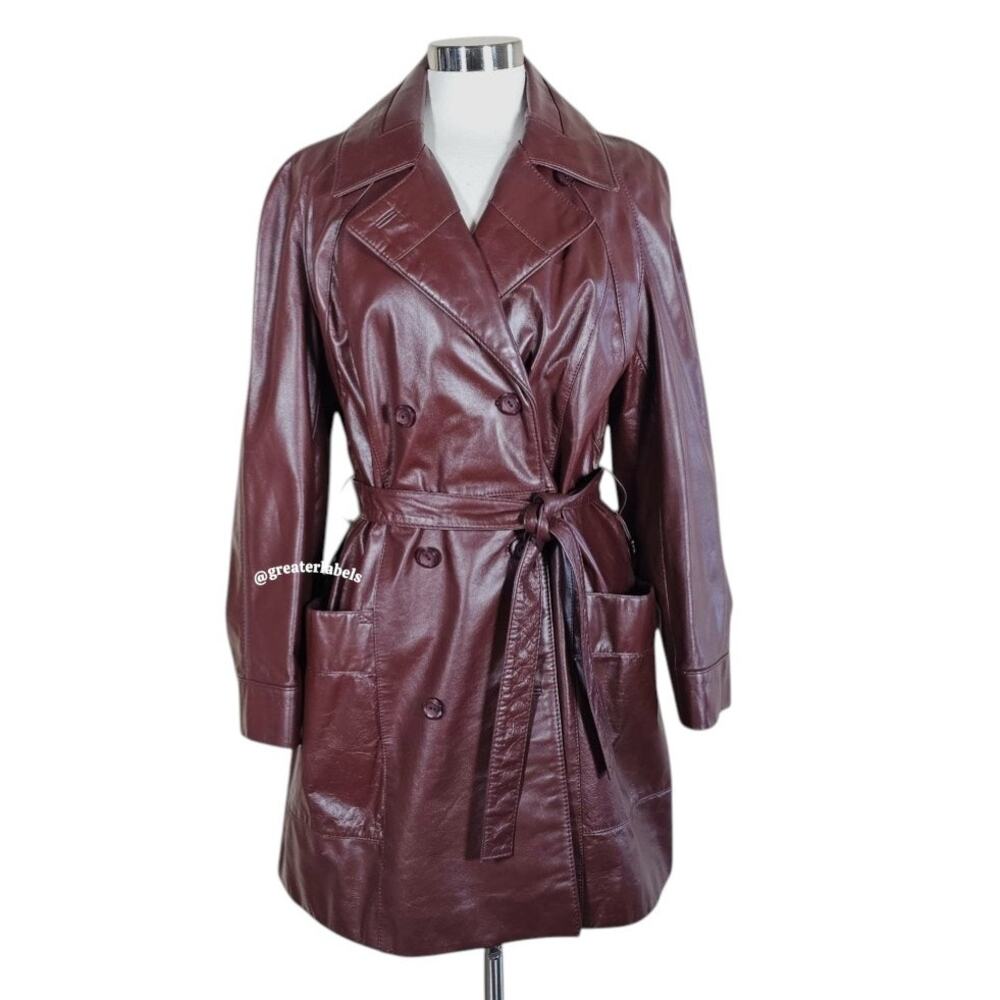 Etienne Aigner Vintage 70s Burgundy Leather Belted Trench Coat SIZE 14 Rare - Picture 2 of 11